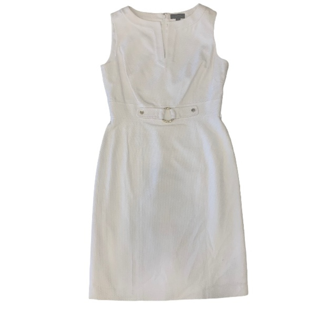 Tahari ASL Women's 6 White sleeveless front buckle back slit Sheath Dress NWT